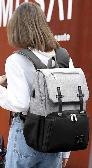 Diaper Bag Backpack Classic Grey / Black (USB + Bottle Warmer)