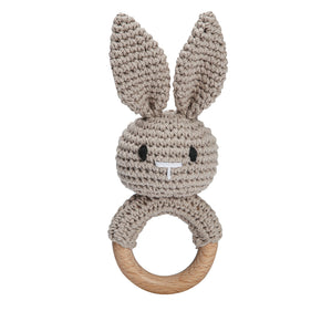 Brown Bunny Baby Rattle Crochet on Wood Ring
