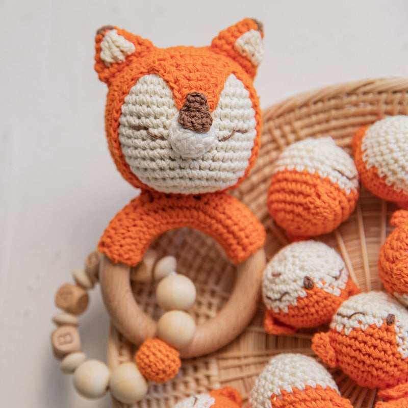 Fox Baby Rattle Crochet on Wood Ring