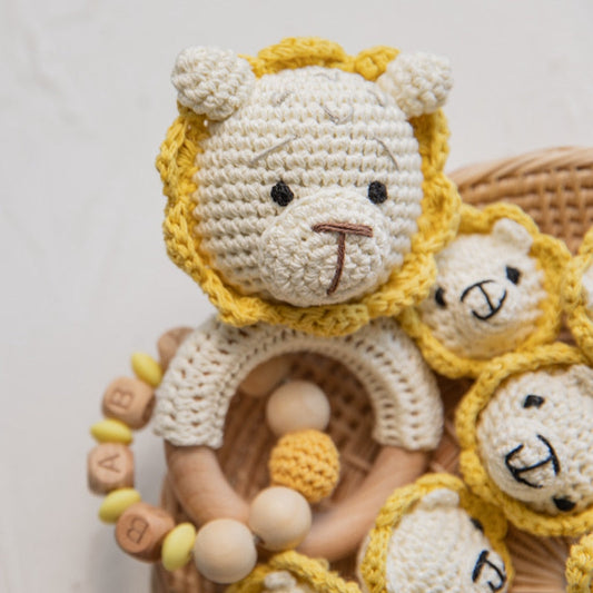 Lion Baby Rattle Crochet on Wood Ring