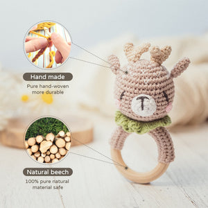 Elk Baby Rattle Crochet on Wood Ring