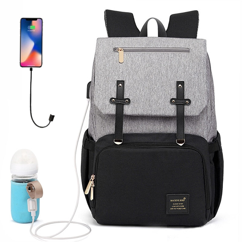 Diaper Bag Backpack Classic Grey / Black (USB + Bottle Warmer)