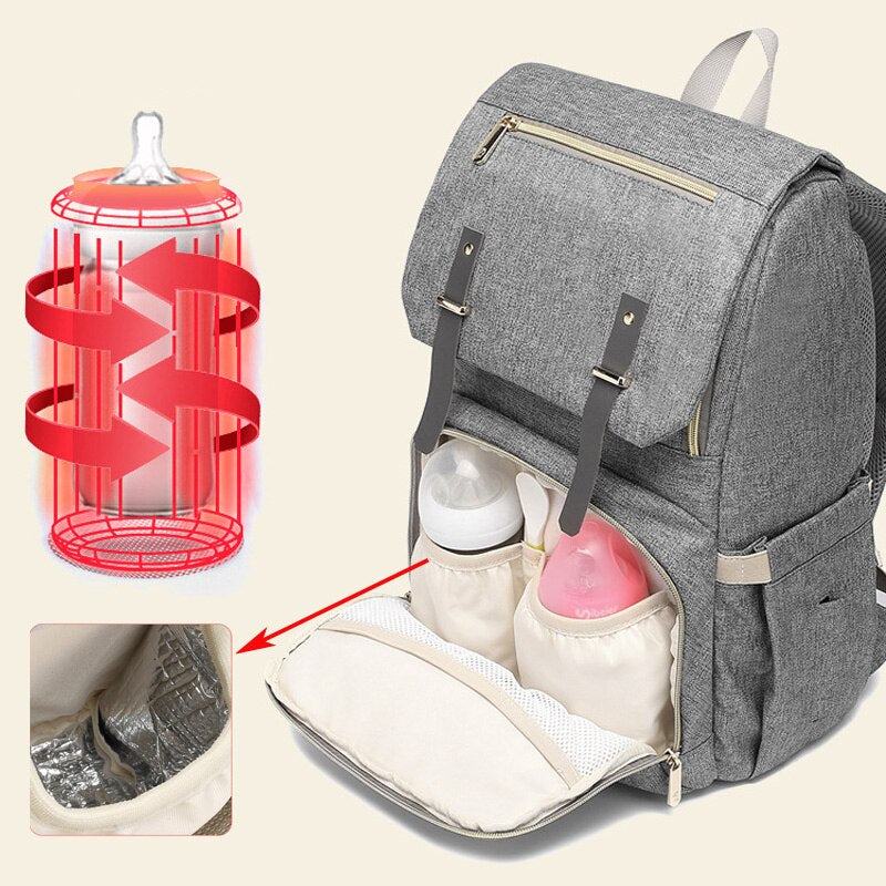 Diaper Bag Backpack Classic Grey (USB + Bottle Warmer)
