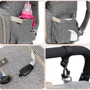 Diaper Bag Backpack Classic Grey Pink (USB + Bottle Warmer)