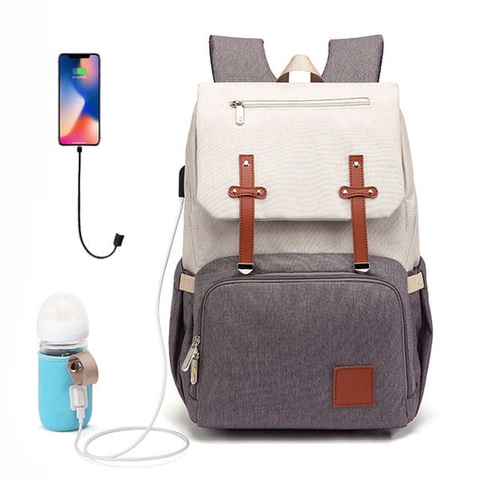 Diaper Bag Backpack Classic Beige / Grey (USB + Bottle Warmer)