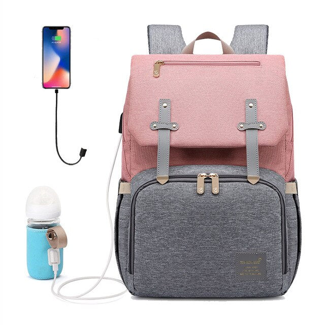 Diaper Bag Backpack Classic Grey Pink (USB + Bottle Warmer) – Llama ...